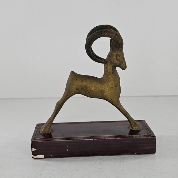 Vintage Brass Ram Ibex Goat Sculpture On Wooden Base - Picture 3 of 8